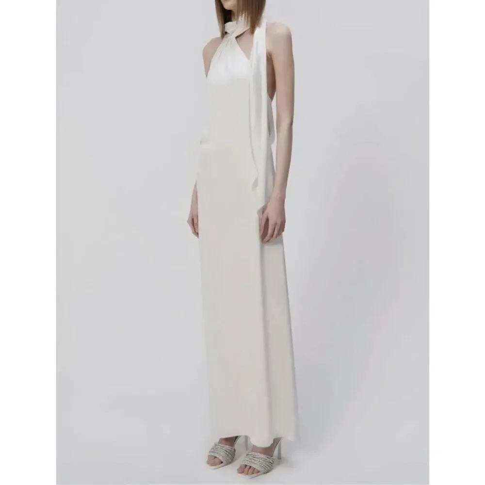 NWT Jonathan Simkhai Open Back Satin Vittoria Draped Scarf Maxi Gown Ivory Sz 0
